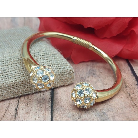Kenneth Jay Lane Jewelry - Kenneth Jay Lane Hinged Bangle Cuff Bracelet Gold Tone Crystal Covered End Beads